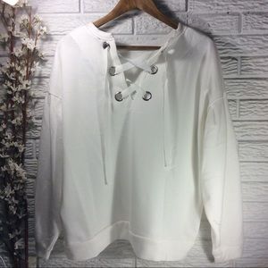 TIMING Crew Neck Sweatshirt with Lace up Neckline